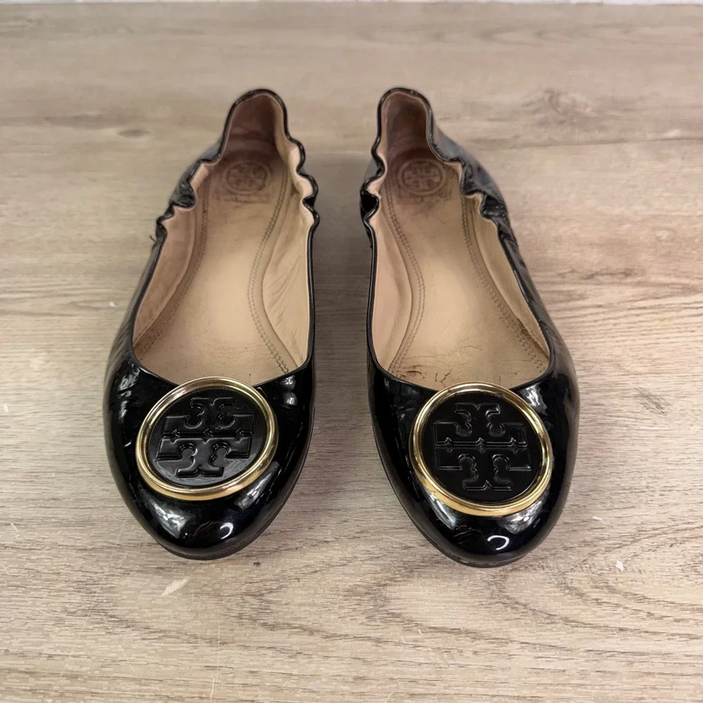Tory Burch Twiggie Ballet Flats Gold Medallion Black Womens 8